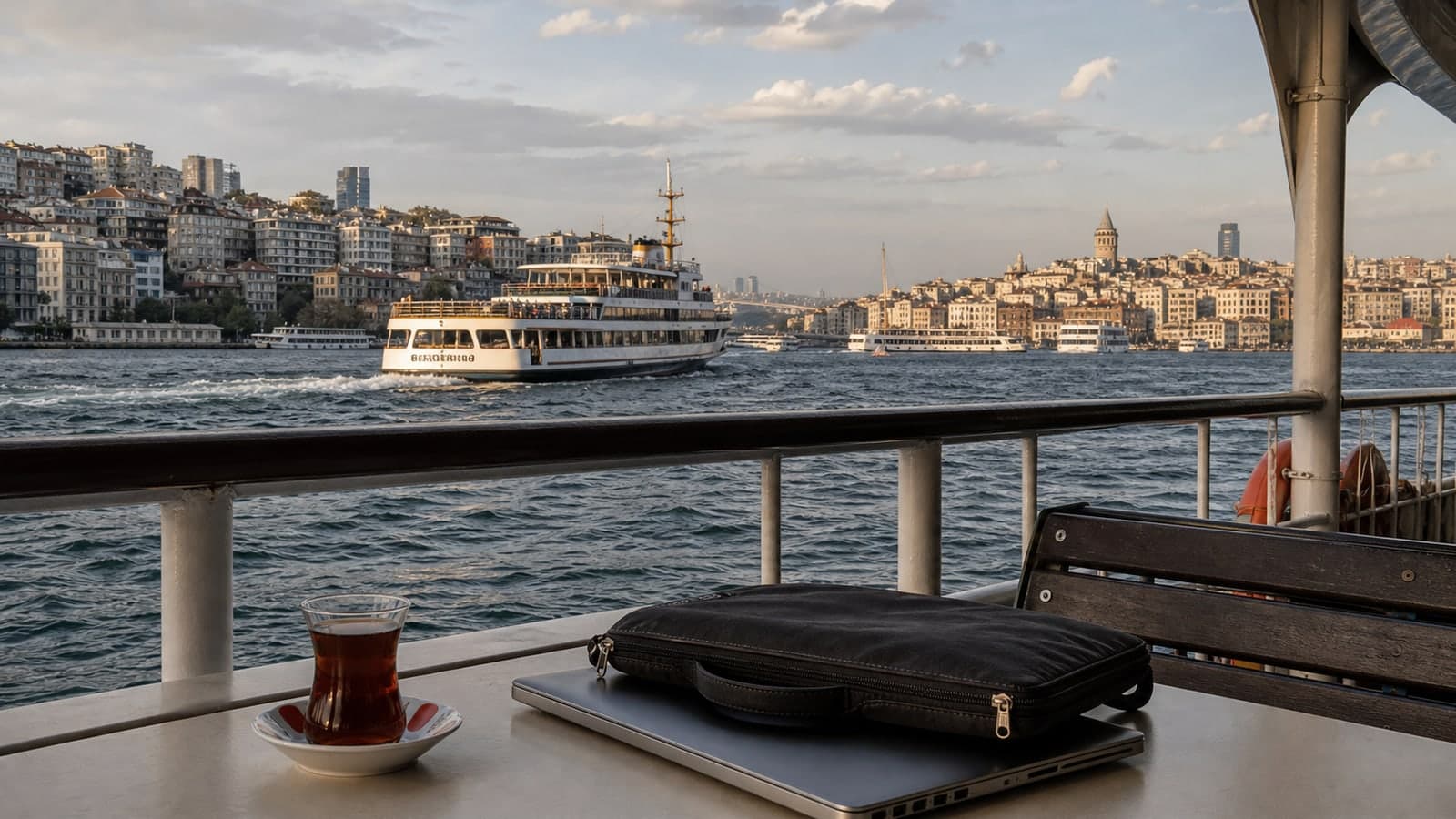 A ferry table with tea and a laptop bag looking across the Bosphorus between Istanbul's two sides