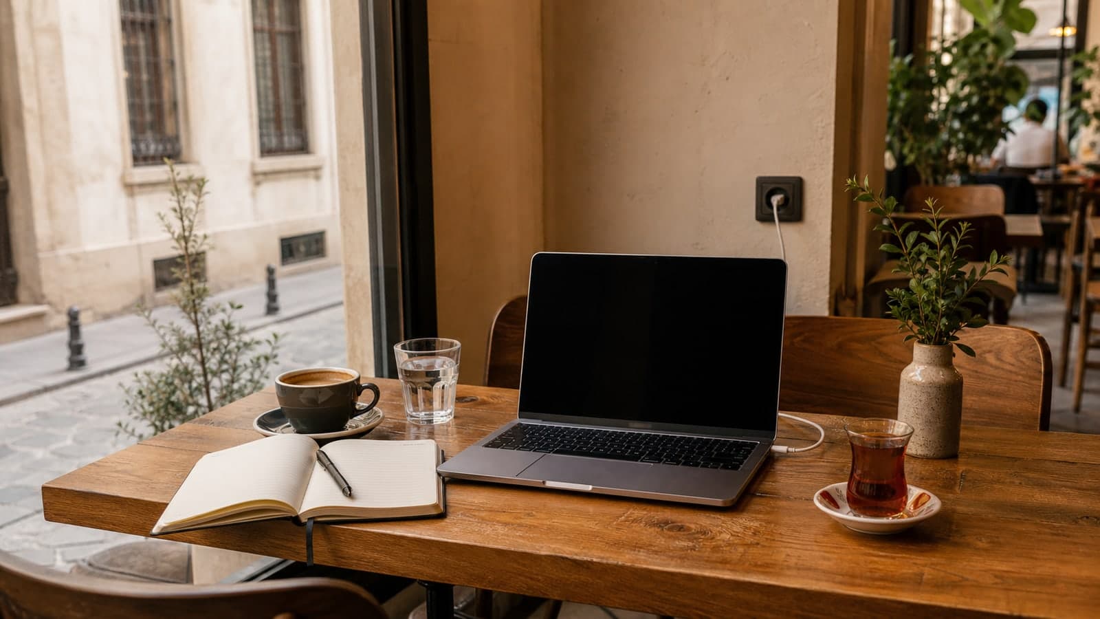 A laptop, notebook, coffee, and Turkish tea set on a quiet Istanbul cafe table
