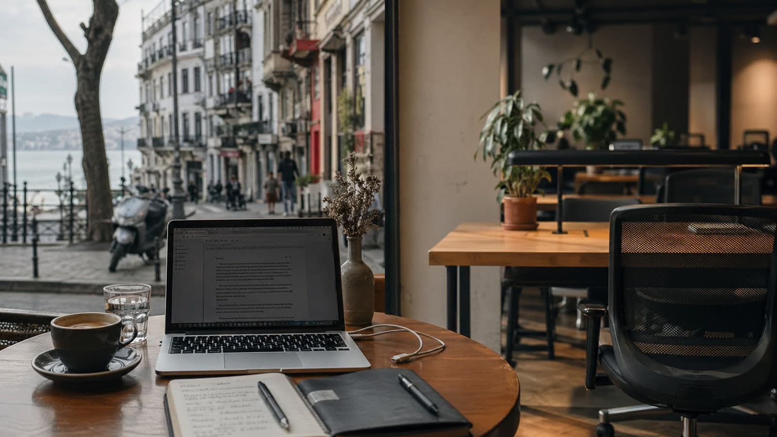 A laptop, coffee, and notebook on an Istanbul cafe table beside a coworking desk