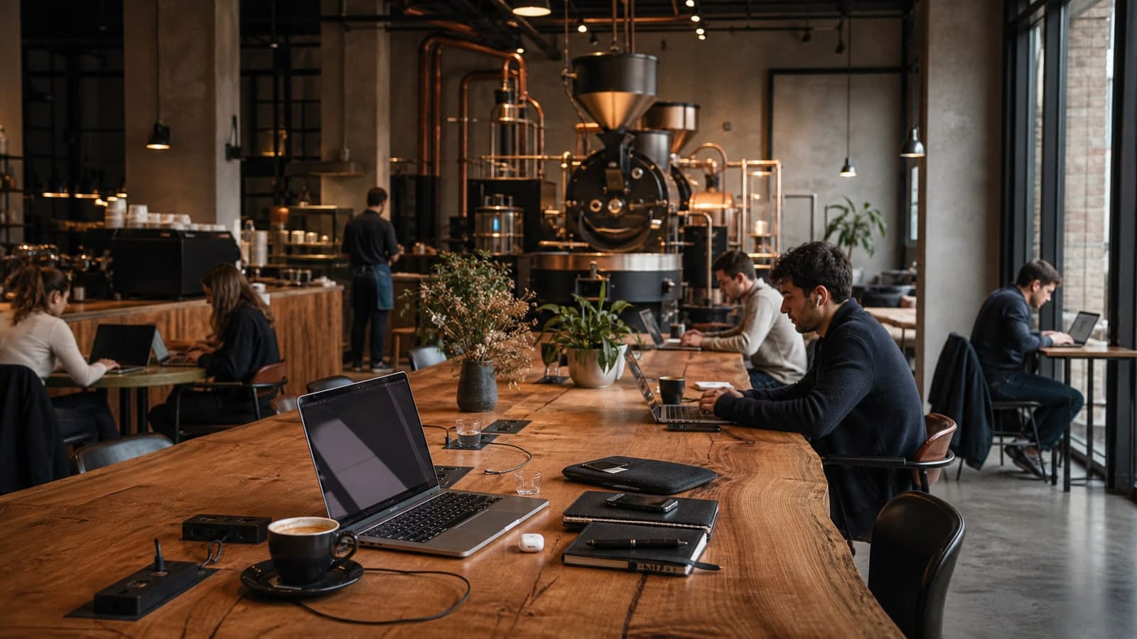 A spacious Istanbul roastery workspace with laptops, coffee, and long shared tables