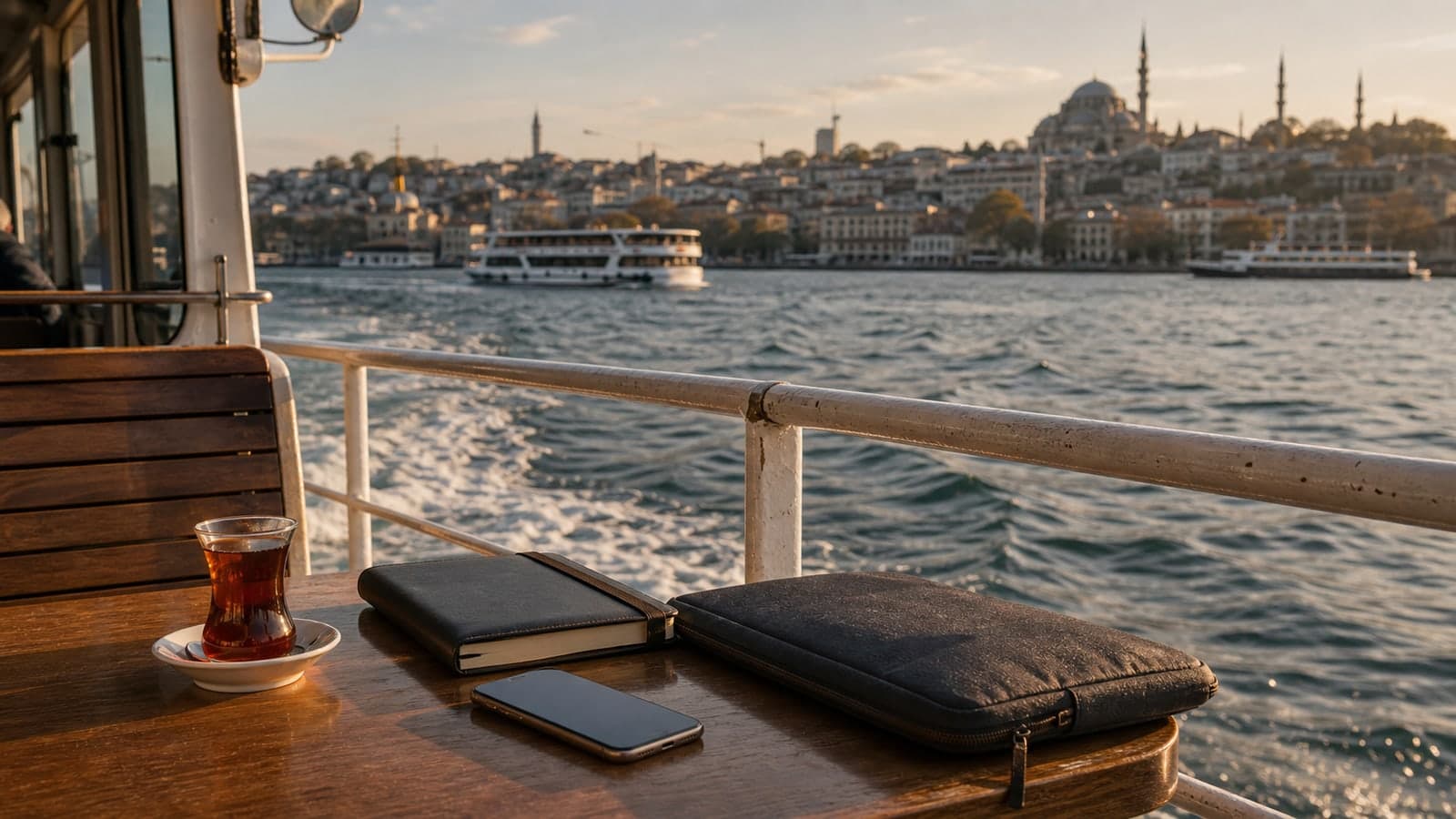 A ferry tea glass and work bag on a Bosphorus ferry table with Istanbul beyond