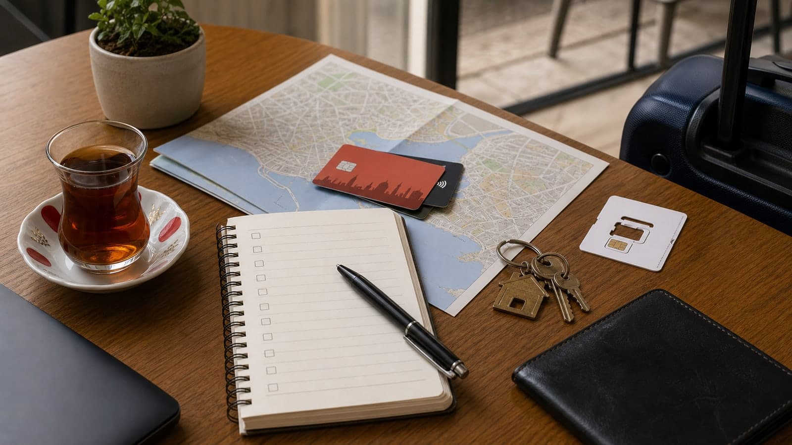 A first-week Istanbul setup table with tea, keys, a transit card, notebook, and map