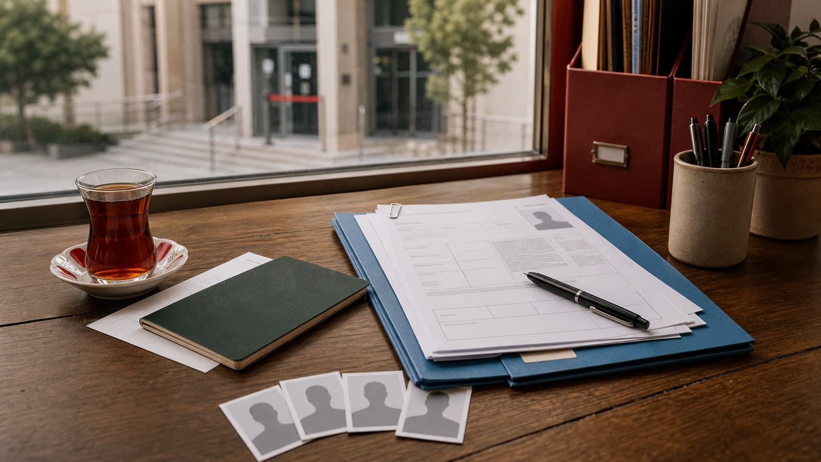 A residence permit preparation desk with a blue folder, photos, tea, and appointment papers