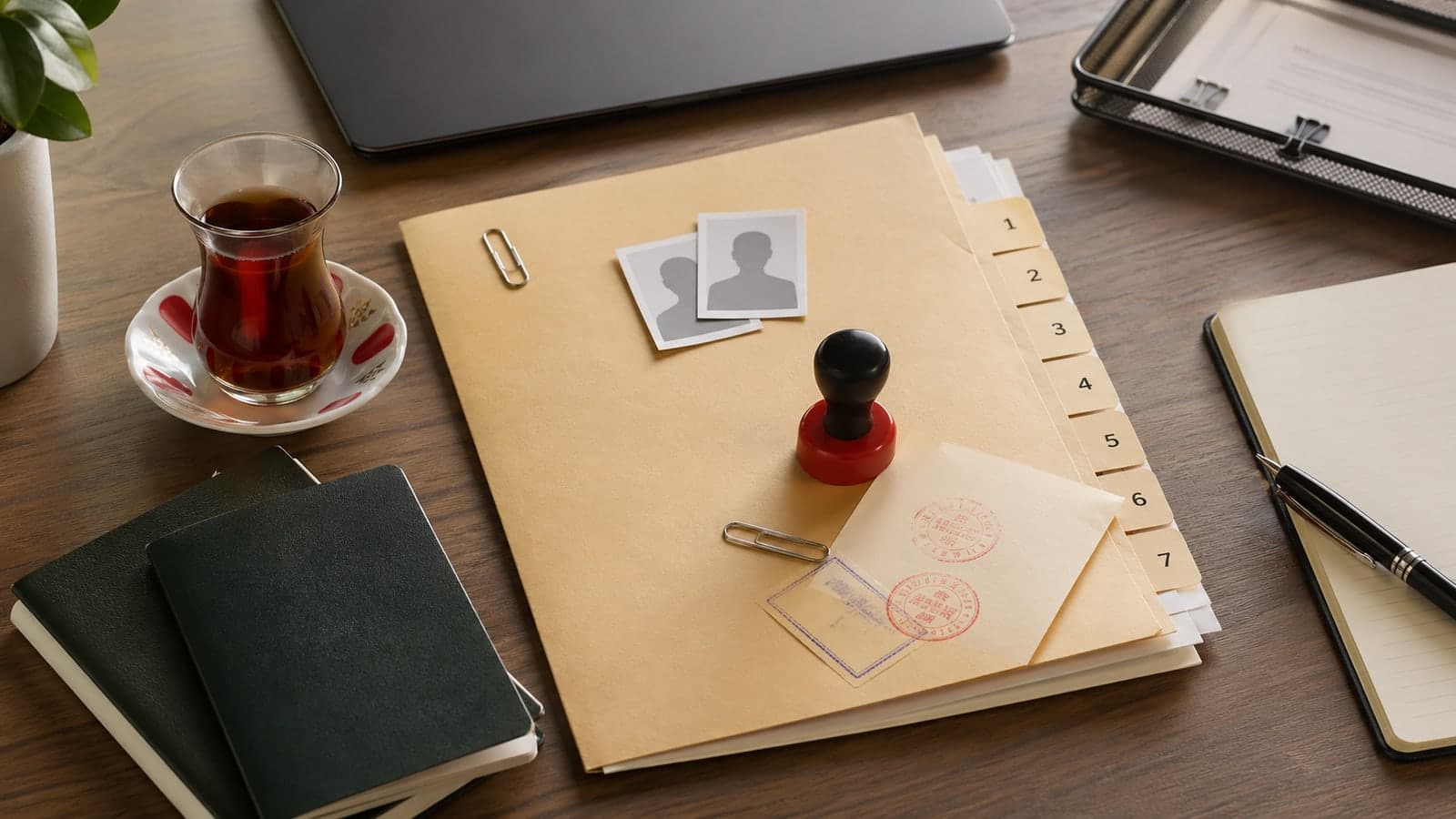 An organized ikamet document folder with numbered tabs, tea, photos, and a stamp
