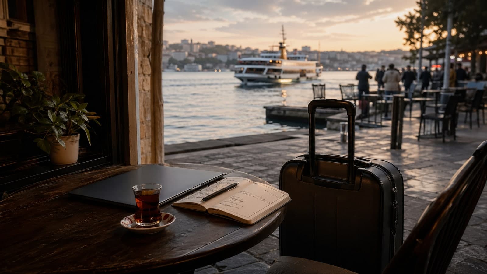 A suitcase, laptop, notebook, and Turkish tea by an Istanbul ferry waterfront