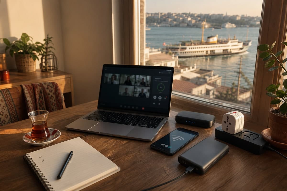 A practical Istanbul apartment desk with a laptop, phone hotspot, router, power bank, plug adapter, tea, and a ferry view outside