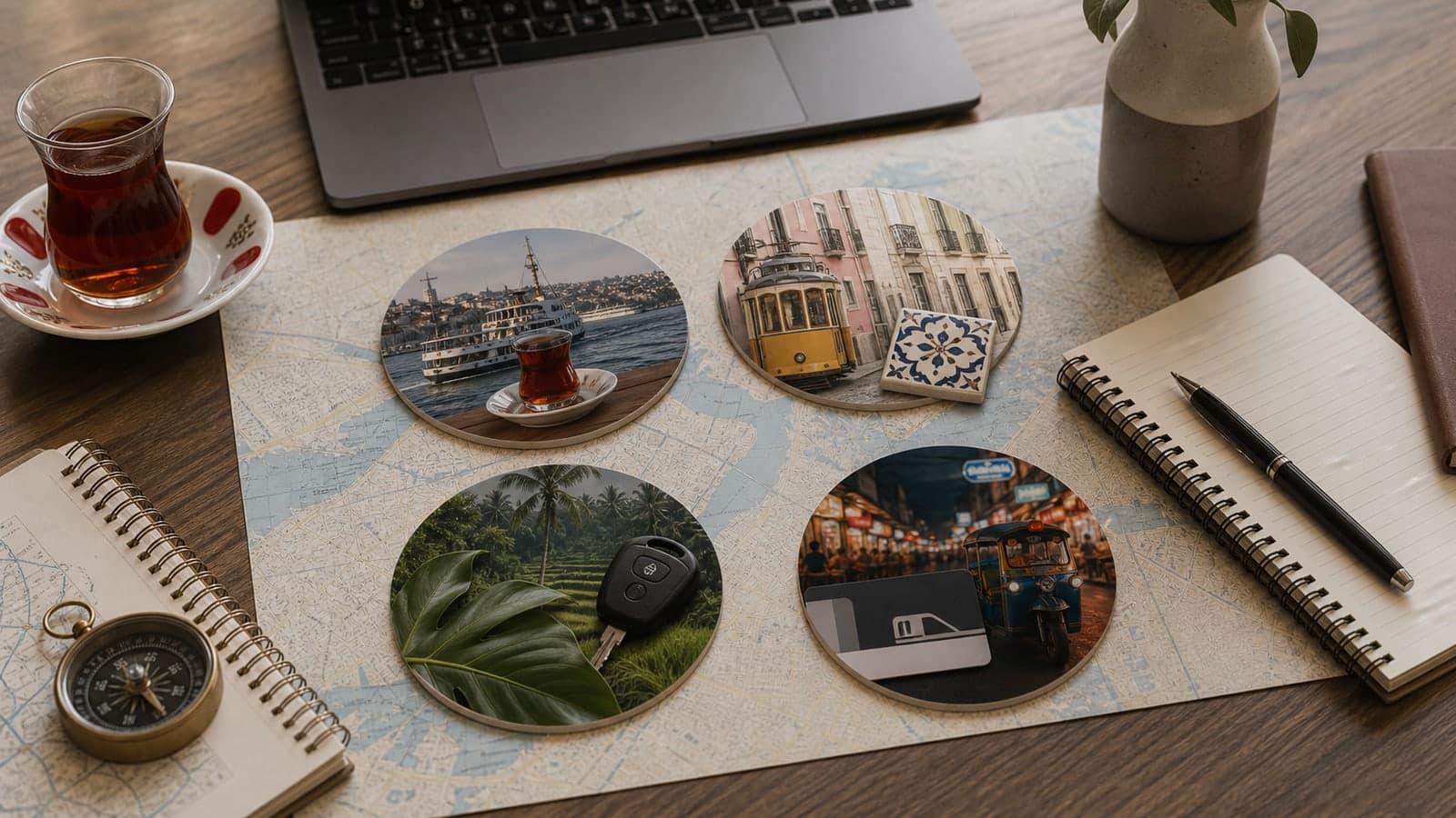 A travel comparison desk with four city tokens arranged around a notebook and tea