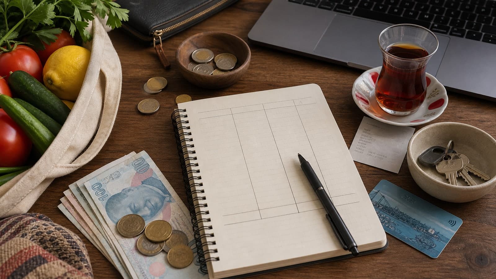 A practical Istanbul monthly budget table with produce, coins, notebook, tea, and keys