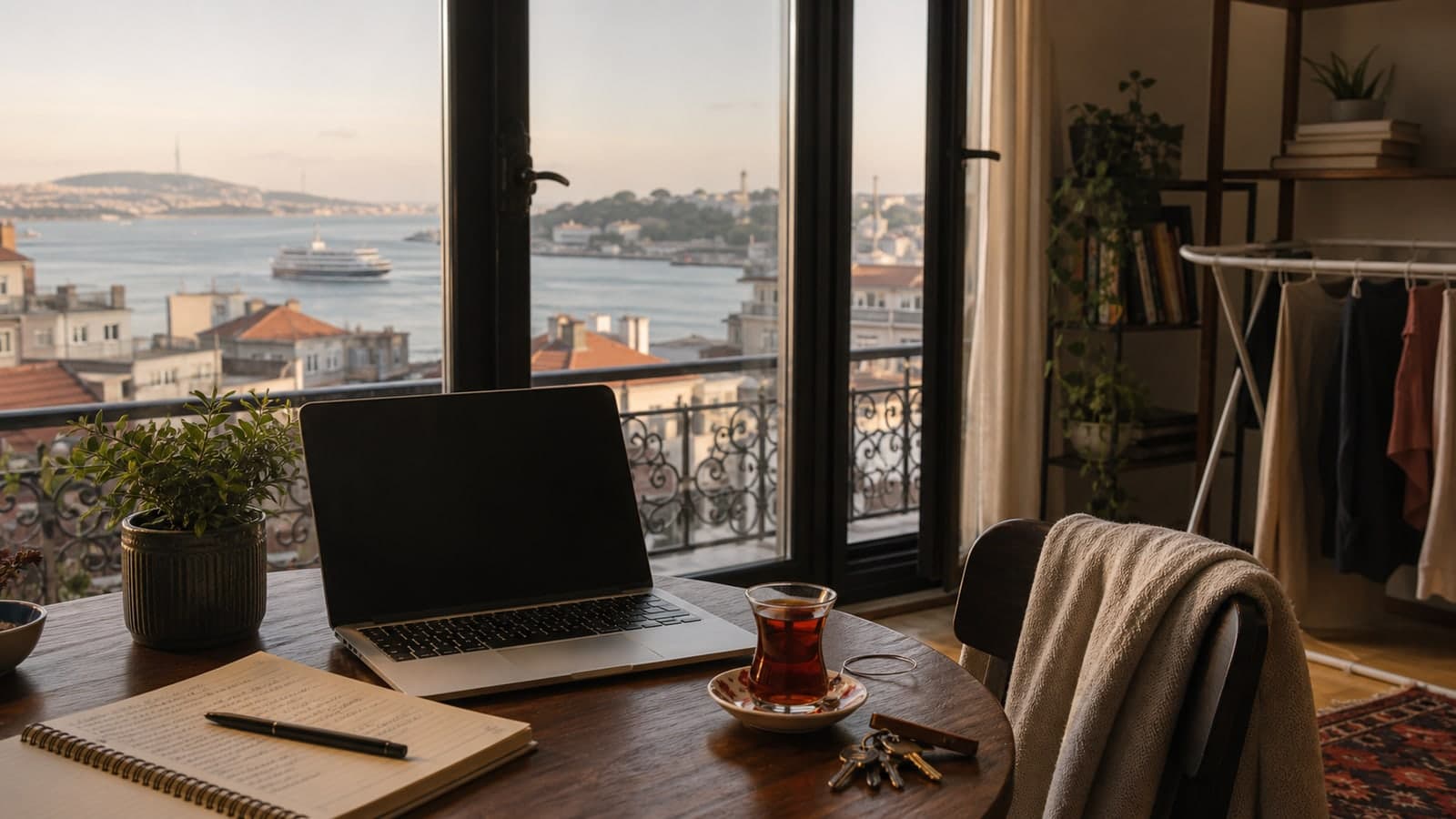 A settled Istanbul apartment workspace with laptop, tea, houseplant, and Bosphorus view