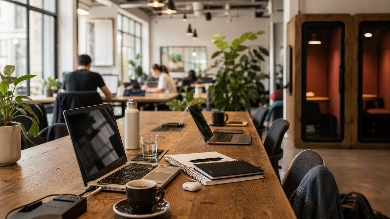 A bright Istanbul coworking table with laptops, coffee, plants, and call booths behind it