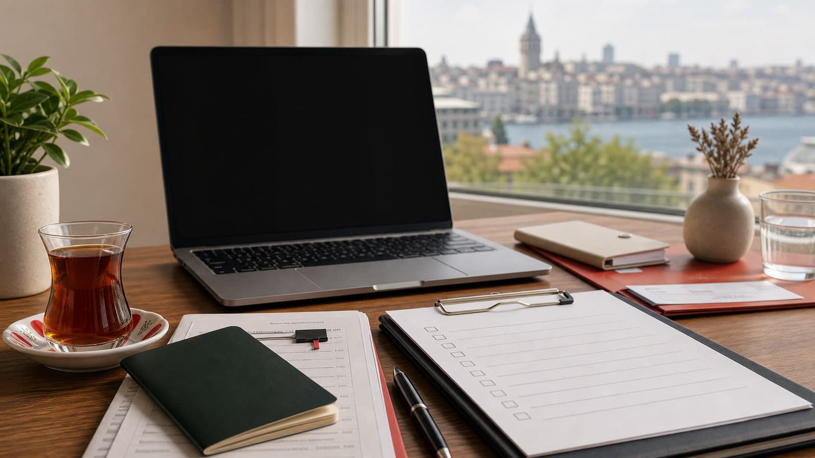 A digital nomad visa preparation desk with laptop, tea, passport-like booklet, and checklist