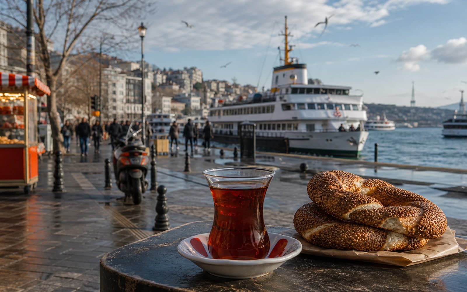 A Besiktas waterfront table with tea, simit, a ferry, and market energy