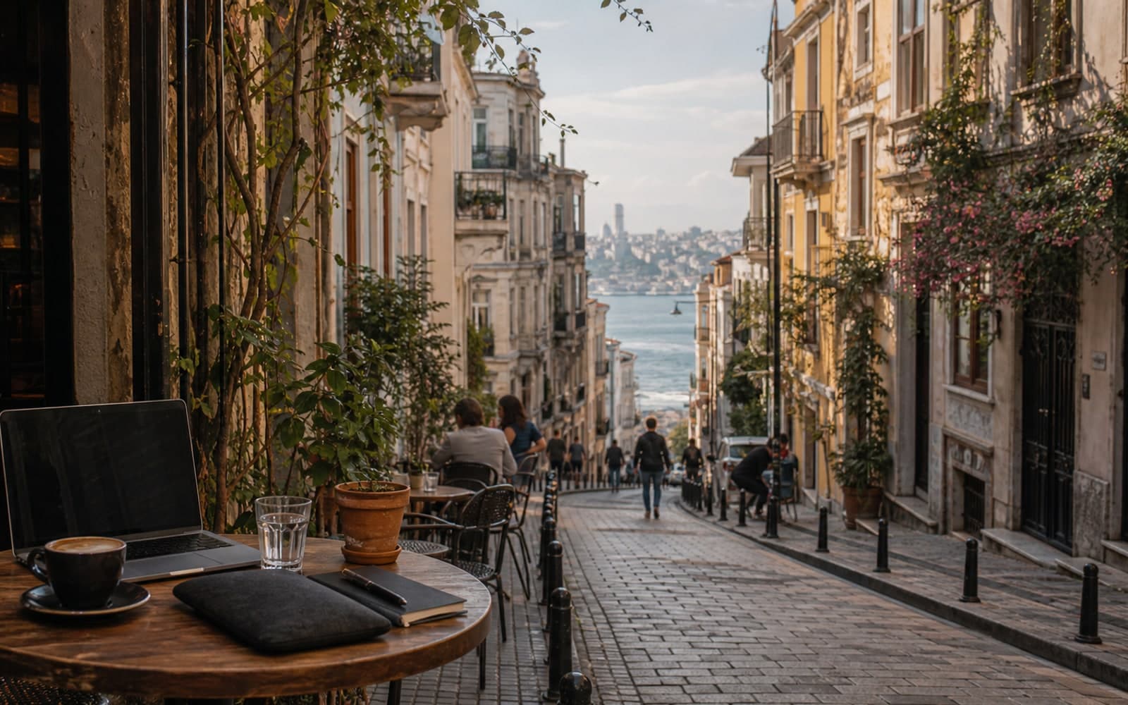 A hilly Cihangir cafe street with old buildings and the Bosphorus at the end
