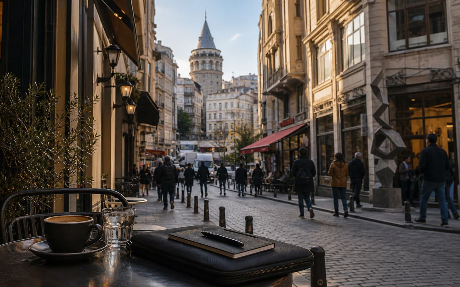A Karakoy cafe table looking up a lively street toward Galata Tower