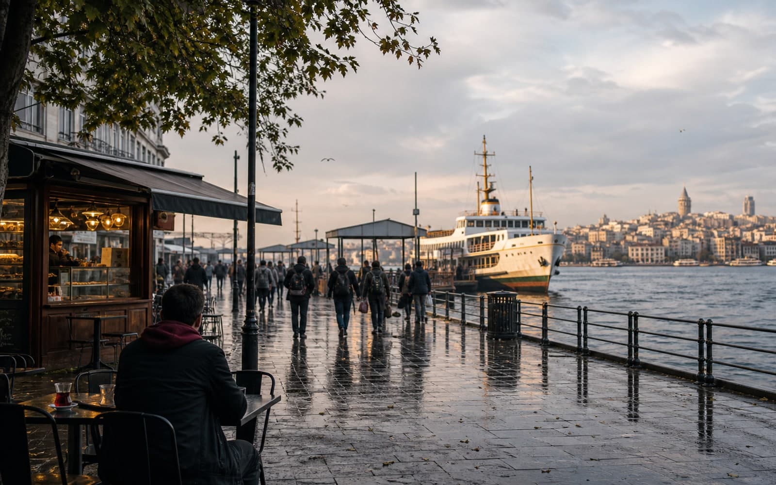 A rainy Kadikoy ferry pier with a cafe table and commuters by the water