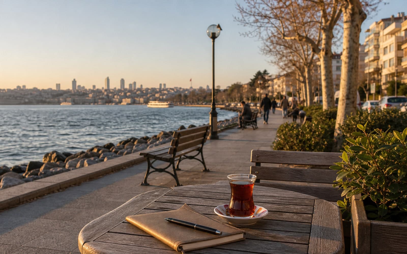A calm Moda waterfront table with tea, notebook, and the Istanbul skyline beyond